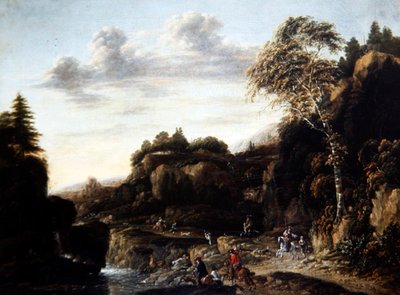 Paesaggio boschivo con caccia al cervo vicino a un fiume da Salomon Rombouts