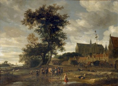 Scena davanti a un Palo di Maggio con la Chiesa di Alkmaar sullo Sfondo da Salomon Ruysdael