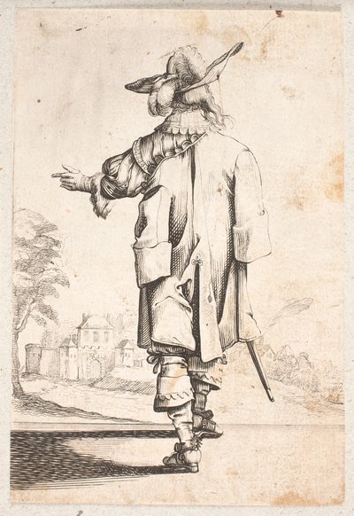 Cavaliere visto di spalle: Gesti con la mano sinistra. Indossa mantello e cappello piumato. Città murata e porta oltre da Salomon Savery