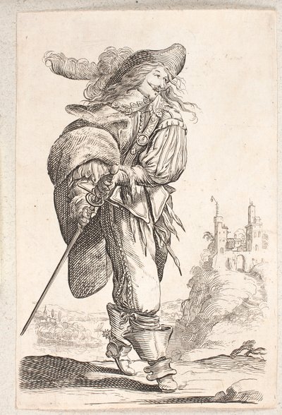 Uomo che cammina, profilo tre quarti a destra, che afferra la spada al fianco. Sullo sfondo un castello da Salomon Savery