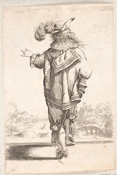 Uomo che cammina, di spalle, con cappello piumato, gesticolando con la mano sinistra. Sullo sfondo a destra una città vicino a un fiume da Salomon Savery
