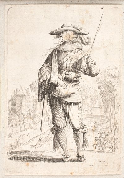 Soldato in piedi visto di fronte ma con la testa in profilo sinistro. Tiene un bastone nella mano sinistra da Salomon Savery