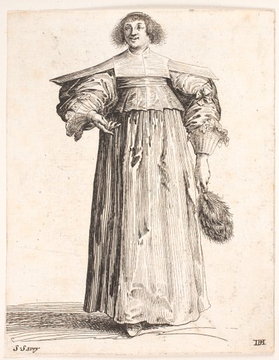 Donna vista di fronte. Tiene un ventaglio di piume nella mano sinistra e gesticola con la destra da Salomon Savery