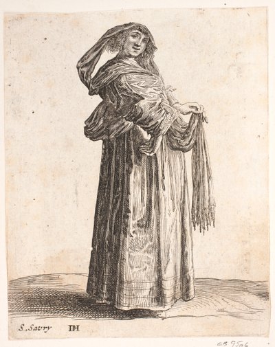 Donna in piedi di profilo destro. Testa girata in avanti. Indossa una sciarpa nei capelli da Salomon Savery