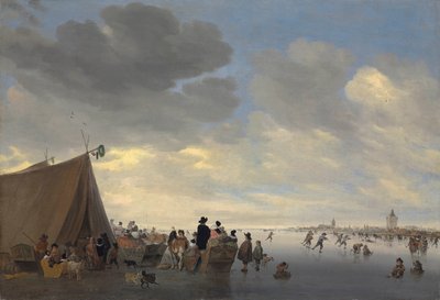 Pattinatori sul fiume Lek ghiacciato, la città di Vianen sullo sfondo da Salomon van Ruisdael or Ruysdael