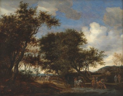 Paesaggio con viaggiatori che abbeverano i loro cavalli da Salomon van Ruysdael