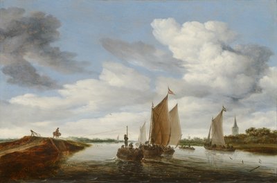 Paesaggio fluviale con barche a vela e una chiatta trainata da cavalli da Salomon van Ruysdael