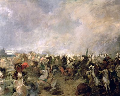 La Battaglia di Guadalete, dettaglio della fuga dei Goti dal comando del re Roderico alla presenza della cavalleria musulmana di Tarik Ibn Ziyad, 711 d.C. (dettaglio) da Salvador Martinez Cubells