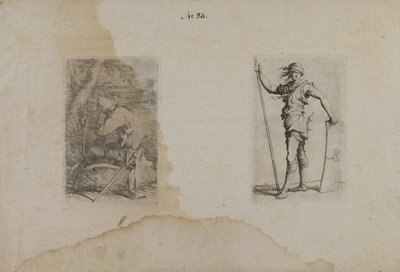 (Serie di figurine) Uomo seduto con elmetto a punta da Salvator Rosa