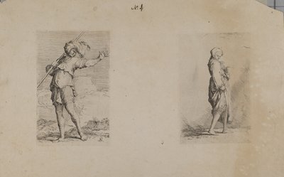 (Serie di figurine) Uomo in piedi con copricapo di piume da Salvator Rosa