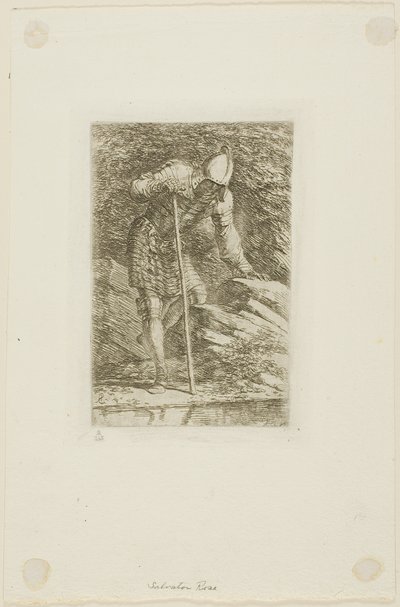 Un guerriero in armatura completa in una grotta da Salvator Rosa