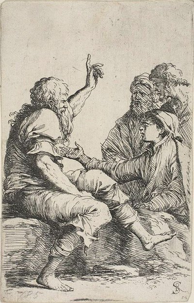 Un vecchio barbuto seduto su una roccia che fa un gesto esortativo verso tre uomini di fronte a lui, dalla serie Figurine da Salvator Rosa