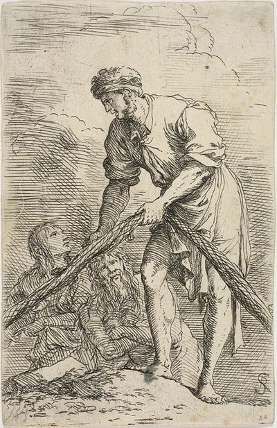 Un uomo che tira una rete, con due figure dietro di lui, dalla serie Figurine da Salvator Rosa