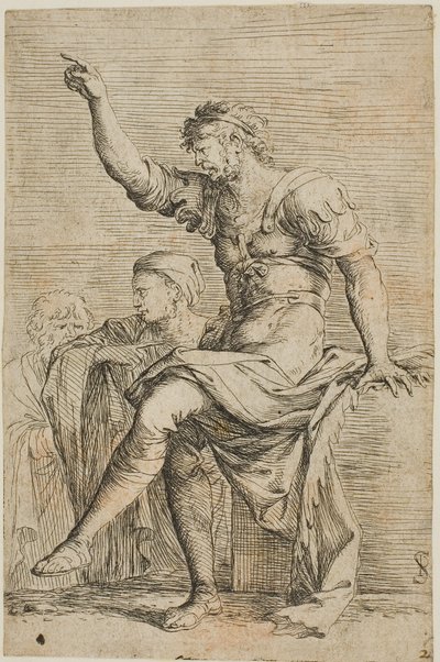 Un guerriero seduto su un blocco e gesticola; due figure sono dietro di lui, dalla serie Figurine da Salvator Rosa