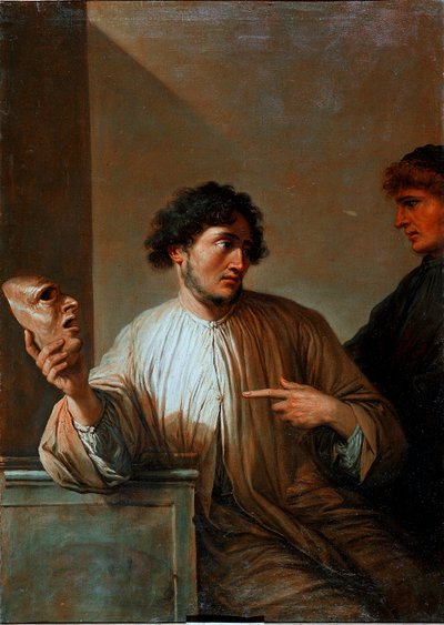 Allegoria della menzogna sotto forma di uomo che tiene una maschera da Salvator Rosa