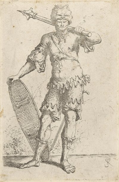 Guerriero esotico in piedi con cappello a testa di leone, che tiene una mazza e uno scudo, c.1656-57 da Salvator Rosa
