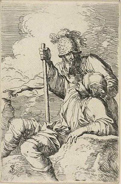 Tre Guerrieri, uno seduto su una roccia in primo piano con un bastone; il secondo in piedi dietro di lui e che indica, il terzo visto come un volto dietro di loro, dalla serie Figurine da Salvator Rosa