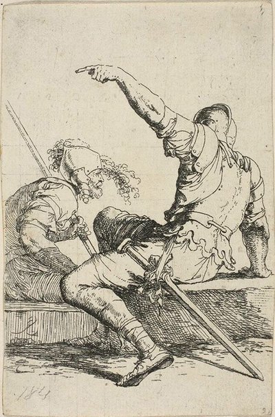 Due guerrieri seduti su rocce basse da Salvator Rosa