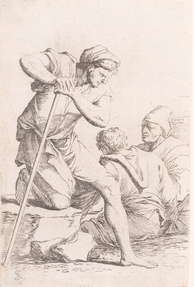 Due uomini seduti e un altro uomo che tiene un bastone inginocchiato su una roccia, dalla serie, ca. 1656-1657 da Salvator Rosa