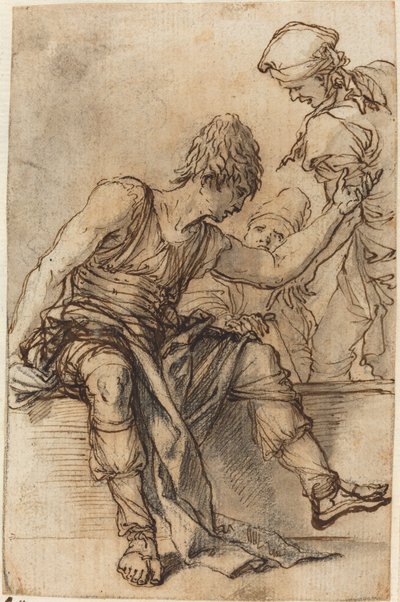 Giovane seduto su un muro in conversazione con due uomini da Salvator Rosa