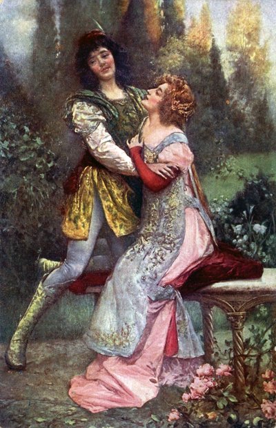 Letteratura. Francesca da Rimini e Paolo Malatesta. Illustrazione ispirata da S. Postiglione in: La Divina Commedia, di Dante Alighieri, Repubblica Ceca, c.1910 (cartolina) da Salvatore Postiglione