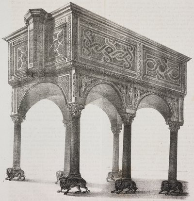 Antico ambone nella cattedrale di Sessa Aurunca, Campania, Italia, litografia di Salvatore Puglia da disegno di Pasquale Mattei (1813-1879) da Poliorama Pittoresco, n 43, 31 maggio da Salvatore Puglia