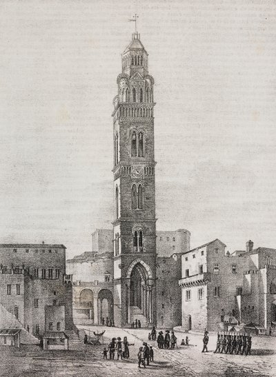 Campanile della cattedrale di Gaeta, Lazio, Italia, litografia di Salvatore Puglia da disegno di Pasquale Mattei (1813-1879), da Poliorama Pittoresco, n.48, 6 luglio da Salvatore Puglia