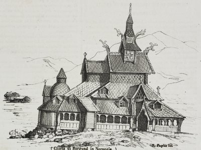 Chiesa di legno di Borgund, Norvegia, litografia di Salvatore Puglia da Poliorama Pittoresco, n 40, 14 maggio da Salvatore Puglia