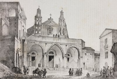 Facciata della cattedrale di Sessa Aurunca, Campania, Italia, litografia di Salvatore Puglia da disegno di Pasquale Mattei da Poliorama Pittoresco, n. 42, 24 maggio da Salvatore Puglia