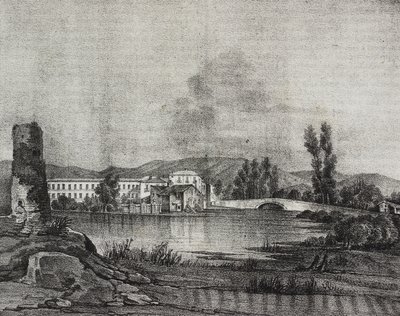 Veduta della fabbrica e chiesa di Santa Restituta sulle rive del fiume Fibreno a Cornello, Lazio, Italia, da Poliorama Pittoresco, n. 16, 26 novembre da Salvatore Puglia