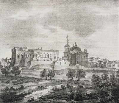 Vista occidentale di Mesagne, Puglia, Italia, litografia di Salvatore Puglia da Poliorama Pittoresco, n. 47, 29 giugno da Salvatore Puglia