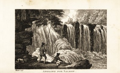 Pescatore che pesca salmoni sulle rive di un fiume vicino a una cascata da Samuel (after) Howitt