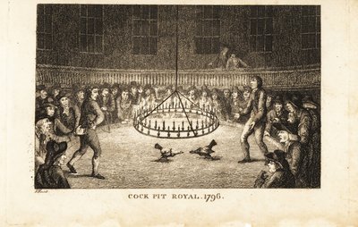 Scommettitori che guardano un combattimento di galli alla luce delle candele al Cock Pit Royal, St da Samuel (after) Howitt