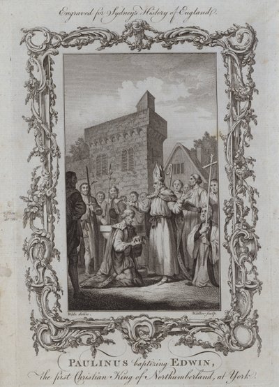 Paolino battezza Edwin, il primo re cristiano di Northumbria, a York (incisione) da Samuel (after) Wale