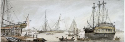 Una nave indiana in riparazione sul Tamigi, con una descrizione delle attività ordinarie dei cantieri navali reali a Deptford da Samuel Atkins