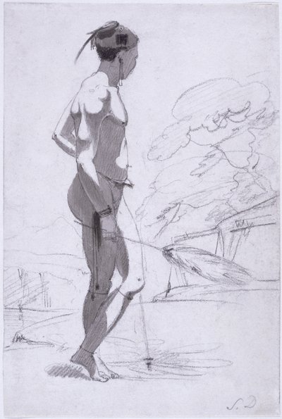 Uomo Tswana che tiene un ventaglio di piume di struzzo in un paesaggio, c.1802 da Samuel Daniell