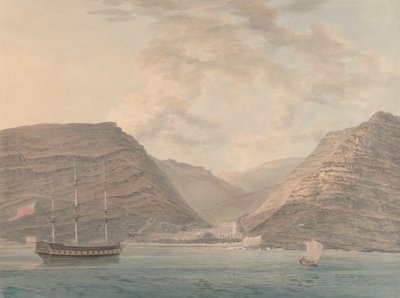 Nave da guerra ancorata nel porto, montagne sullo sfondo da Samuel Davis