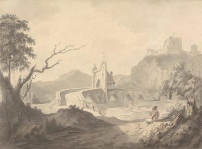 Scena Fluviale e Ponte con Artista che Disegna in Primo Piano da Samuel Davis
