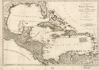 Carta completa delle Indie Occidentali contenente le coste della Florida, della Louisiana, della Nuova Spagna e della Terra Firma: Con tutte le isole. da Samuel Dunn