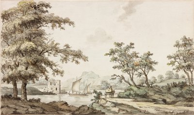 Un fiume con barche a vela e un cavallo con carro da Samuel Henry Alken