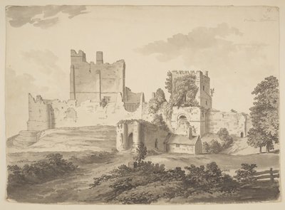 Veduta a inchiostro di china del castello di Prudhoe, nella parrocchia di Ovingham (inchiostro di china su carta) da Samuel Hieronymous Grimm
