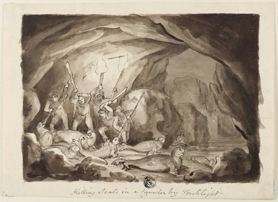 Uccisione di foche in una caverna alla luce delle torce (recto); schizzo di cacciatori e tavola (verso) da Samuel Howett