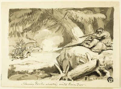 Esiliati siberiani che sparano a renne selvatiche (recto); Conchiglia (verso) da Samuel Howett