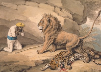Leone in piedi su un leopardo ferito da Samuel Howitt