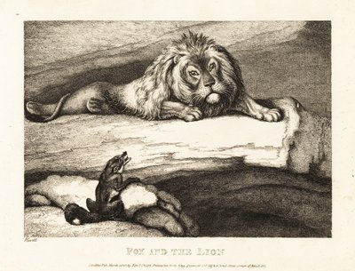 Una volpe si avvicina scioccamente a un leone maschio nella sua tana. 1811 (incisione) da Samuel Howitt