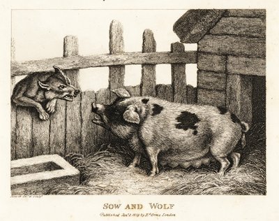 Una grande scrofa in un porcile ringhia a un lupo da Samuel Howitt