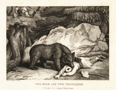 Un viaggiatore con turbante finge di essere morto mentre viene attaccato da un orso. 1811 (acquaforte) da Samuel Howitt