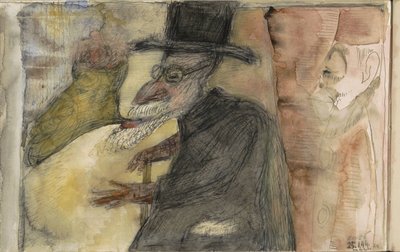 Uomo con barba, bastone da passeggio e cappello alto, di profilo verso sinistra da Samuel Jessurun de Mesquita