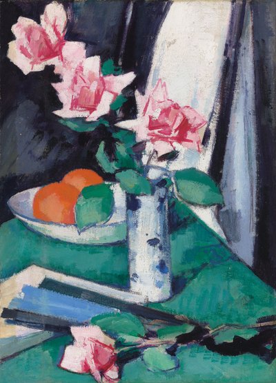 Natura morta con rose rosa e arance in un vaso blu e bianco da Samuel John Peploe