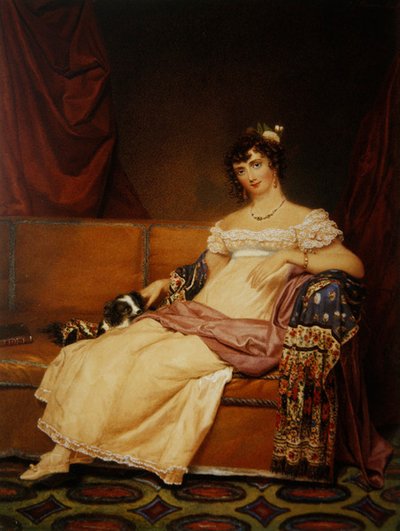 Lady Waterhouse seduta su un divano con il suo spaniel da Samuel John Stump